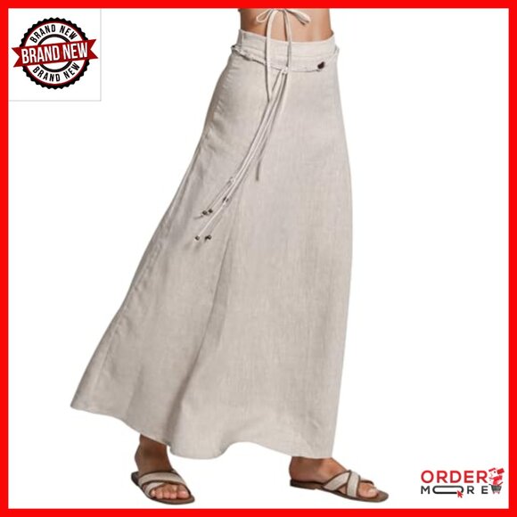 100% Linen Maxi Skirt with Belt A-Line Relaxed Fit High Rise - Picture 5 of 7